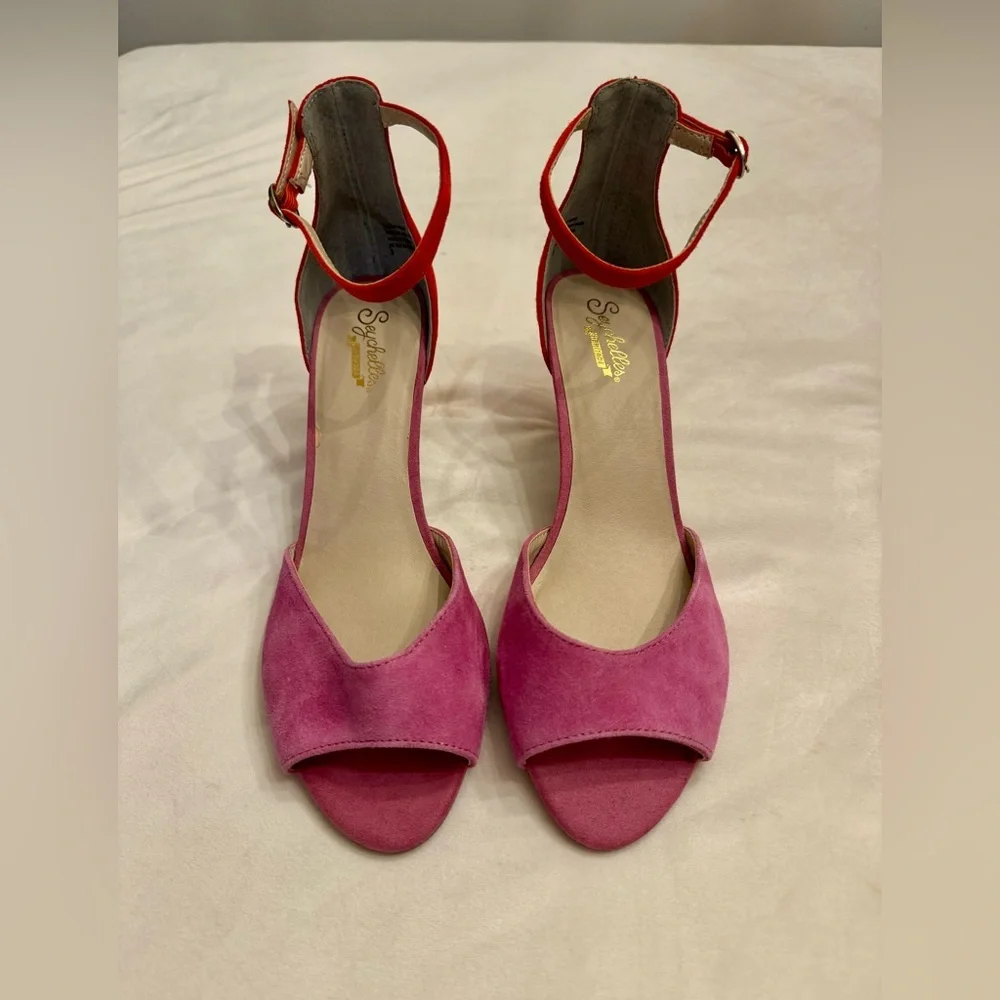 New! Seychelles Hazel Fuchsia and Red Suede Leather Ankle Strap Heels, sz 8 - Picture 6 of 14